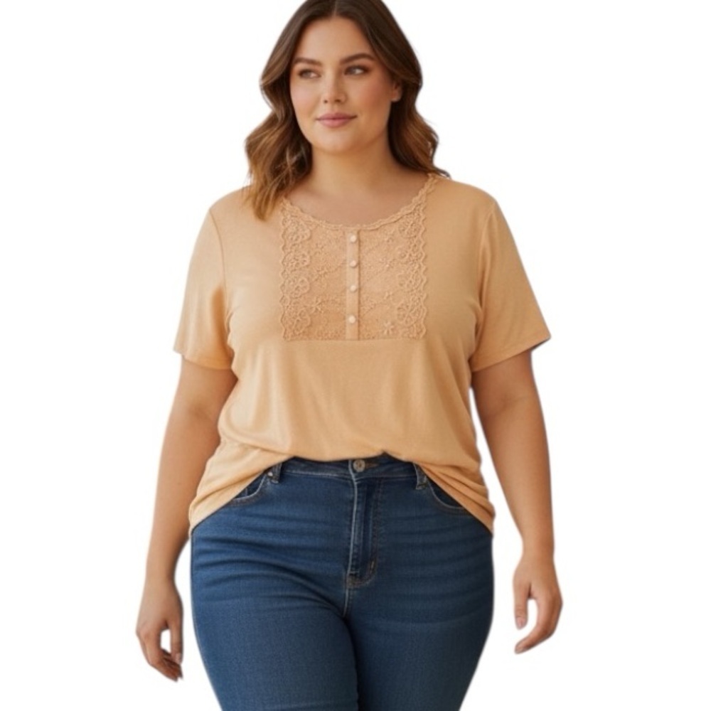 NWT CJ Banks 3X Orange 100% Cotton Embroidered Short Sleeve Shirt Casual Modest